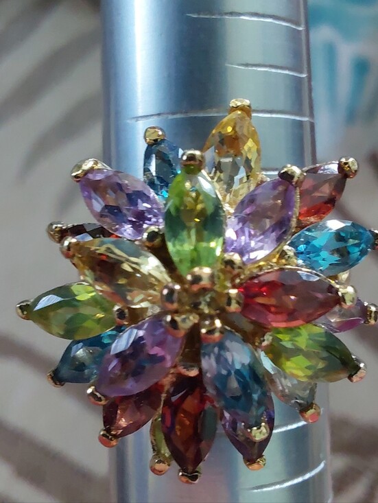Jewelry - PAJ 925 Sterling gold Vermeil Multi Gemstone Flower Cocktail Ring Size 6.75